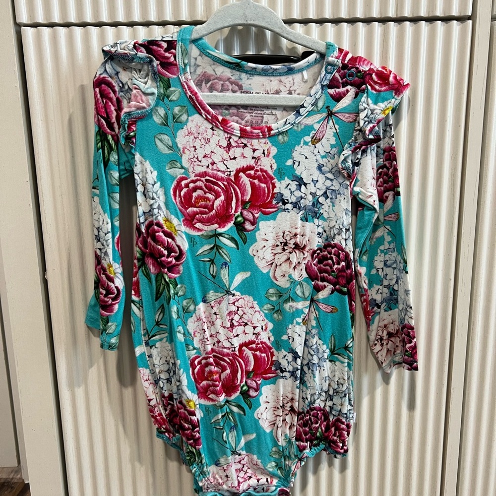 Posh Peanut Floral Teal Bamboo Ruffle Bodysuit